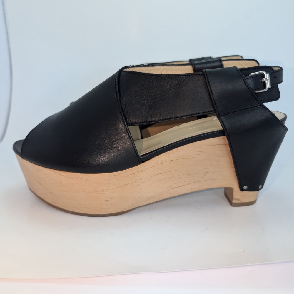 3.1 Phillip Lim Made in Italy Black Leather Platform Peep‎ Toe Sandals Wooden
